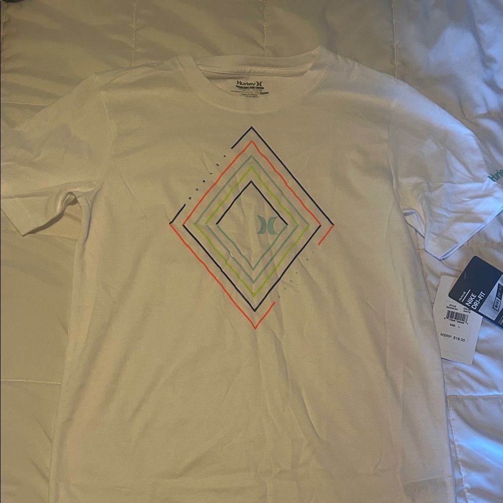 Hurley White Tee with Multicolor Geometric Design
